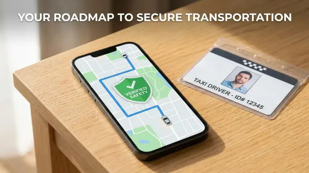 A professional digital display showing a secure roadmap with GPS tracking and safety verification steps for passengers.