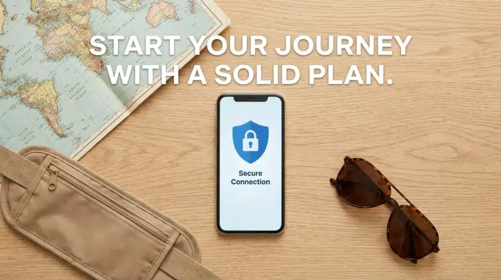 A collection of travel security items including a locked smartphone and a map to help travelers build a safe foundation.- Securely Life