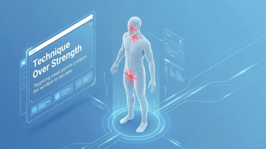 A professional 3D infographic of a human figure highlighting key vulnerable areas like the eyes, throat, and groin, illustrating that technique and accuracy are more vital than raw physical strength during a confrontation.