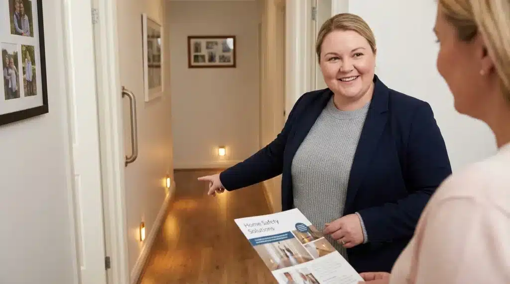 A fair-complexioned female expert demonstrating the use of motion-sensor lighting for preventing senior falls at home in dark hallways.