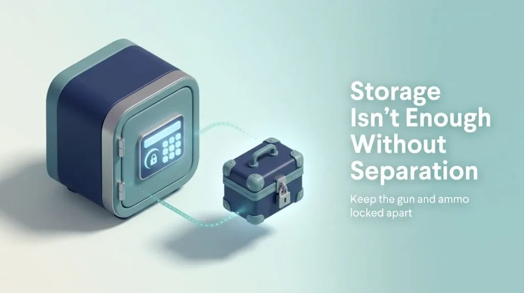 3D infographic showing a locked gun safe and a separately stored ammo box for safer gun storage at home