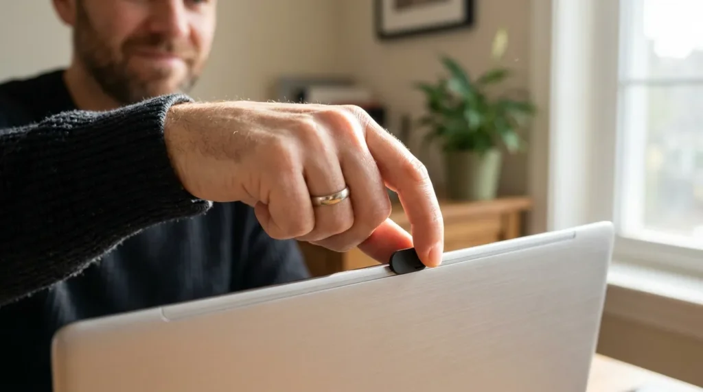A European man applying a physical slider to his laptop to demonstrate how to prevent unauthorized webcam access in a home office.