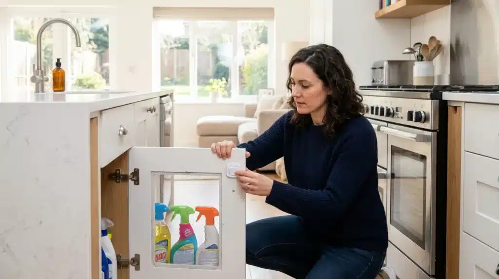 A responsible European woman checking child-proof safety latches on cabinets as part of a personal safety guide to avoid silent security killers at home.