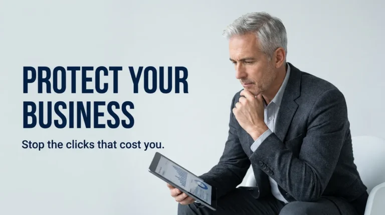 A professional businessman reviewing digital security settings to find simple ways to protect your business from cyber attacks.