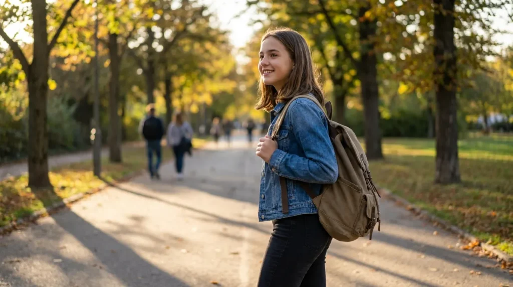 An alert teenage girl practicing situational awareness and following personal safety tips for teenagers while walking in public.