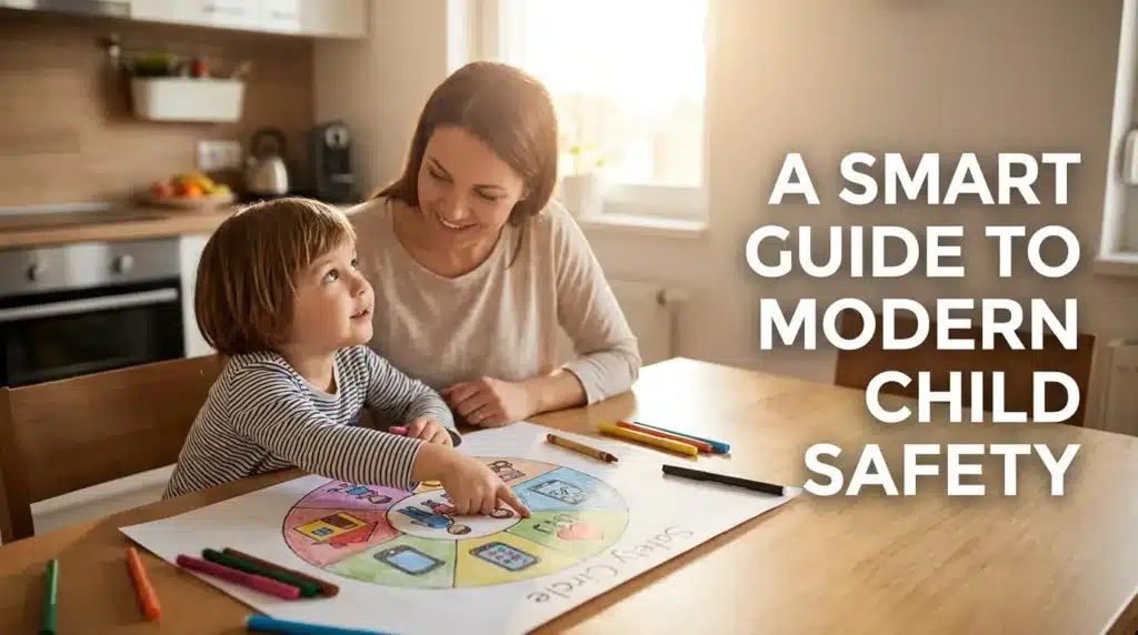 A parent and child discussing family safety rules as part of a smart guide to modern child safety.