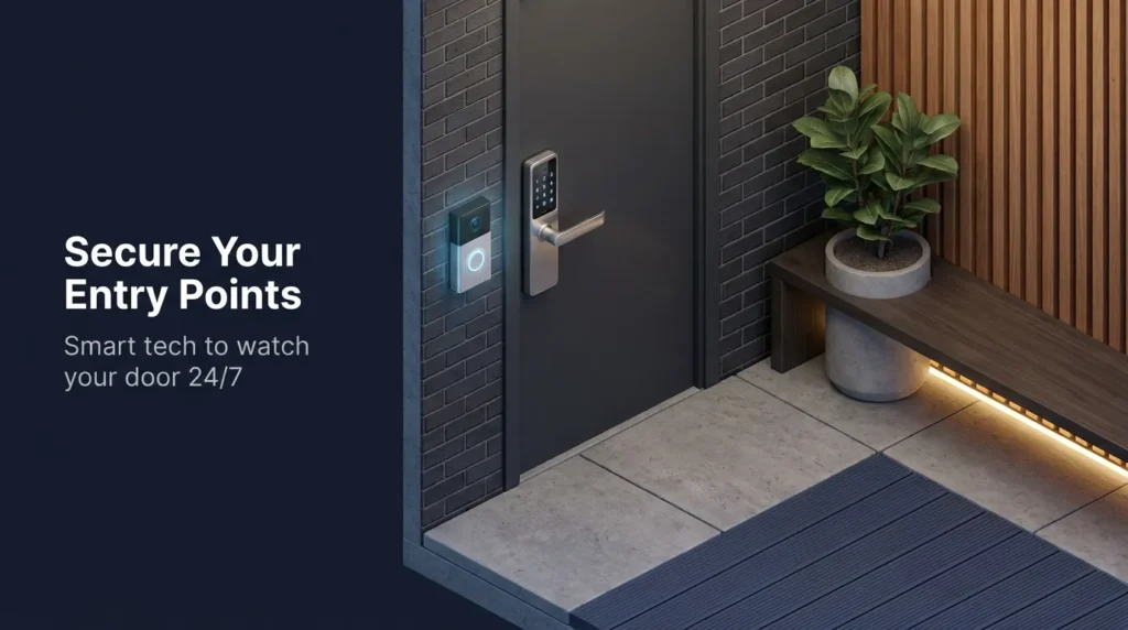 A 3D isometric render of a smart lock and video doorbell system on a modern front door, showing advanced security tech for women.
