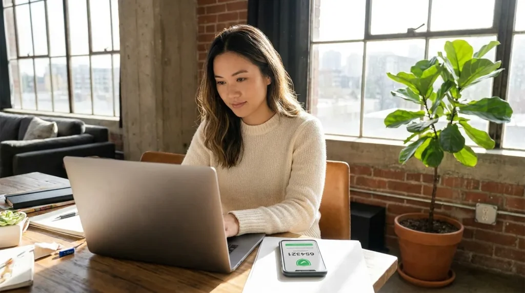 A lifestyle image of a woman successfully verifying her identity on a laptop to show how to set up two-factor authentication correctly.