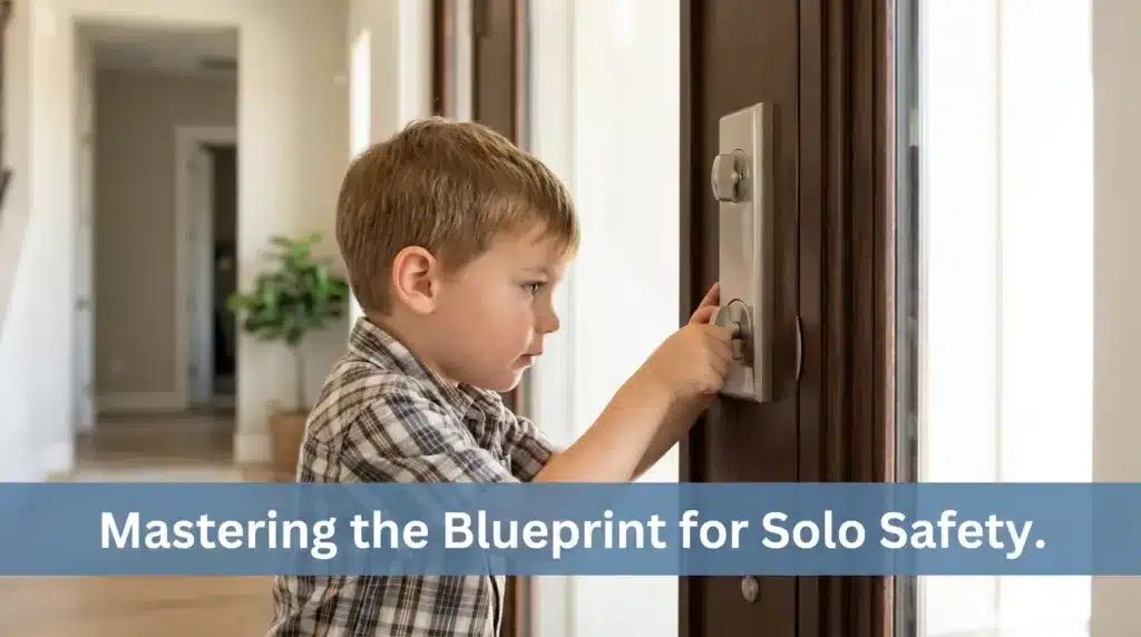 A young boy practicing home security routines as part of a step-by-step training guide for independence.