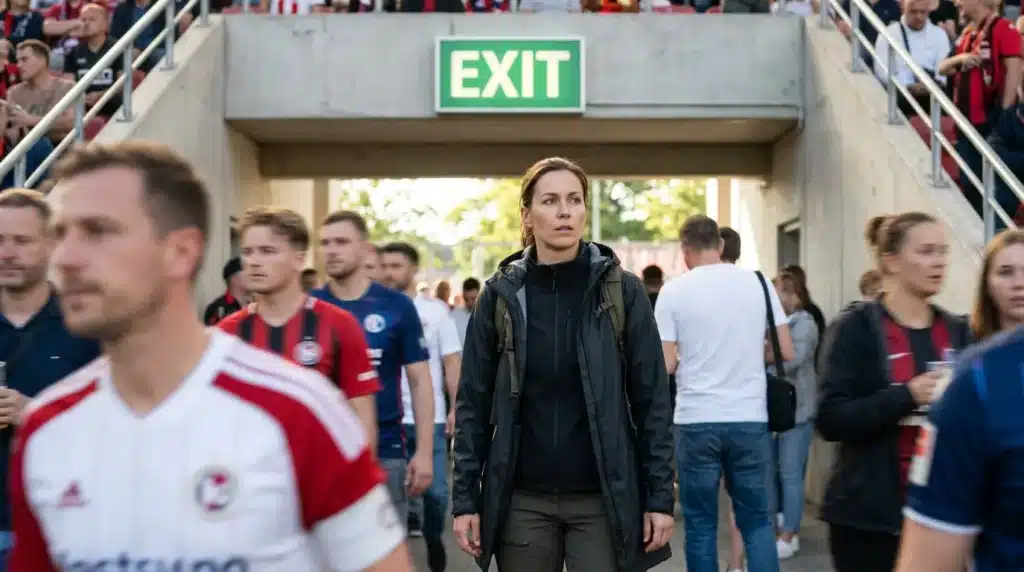 A woman demonstrating situational awareness by locating emergency exits in a crowded public venue for mass gathering safety.