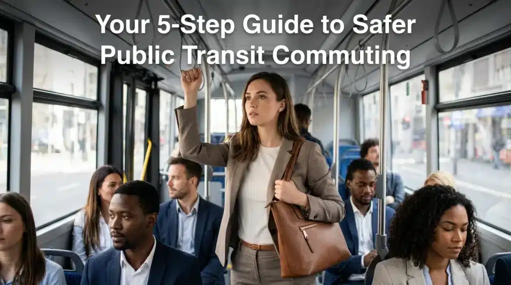 A woman practicing situational awareness on a bus as part of a 5-step guide for public transport safety tips.