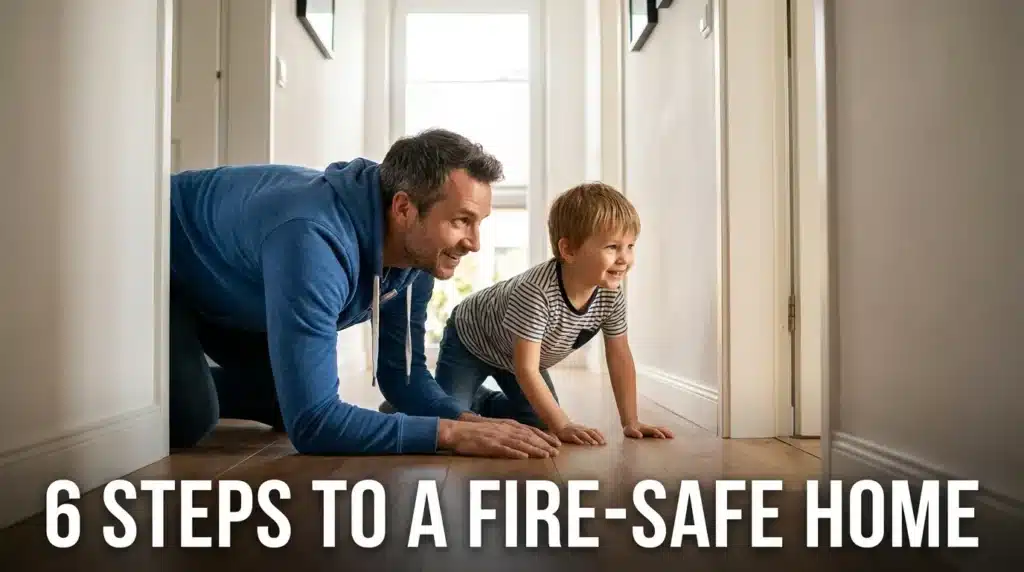 A father and son practicing the low crawl technique during a home fire safety drill in a hallway.