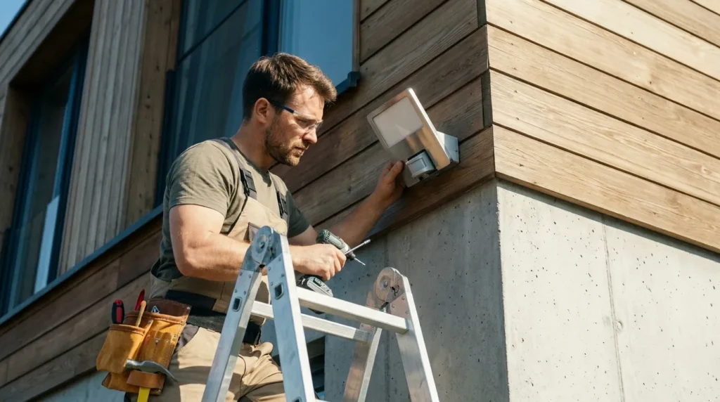 A professional-looking man installing an outdoor floodlight to confirm that do motion sensor lights deter burglars when mounted at the correct strategic height.