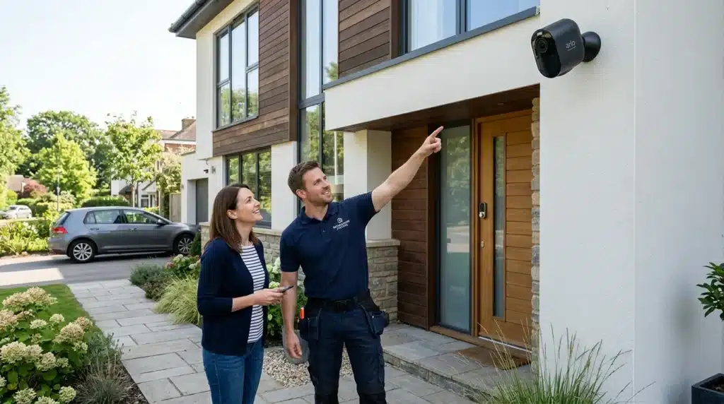 A professional security expert demonstrating the best places to put security cameras near high-traffic entry points like the front door and driveway.