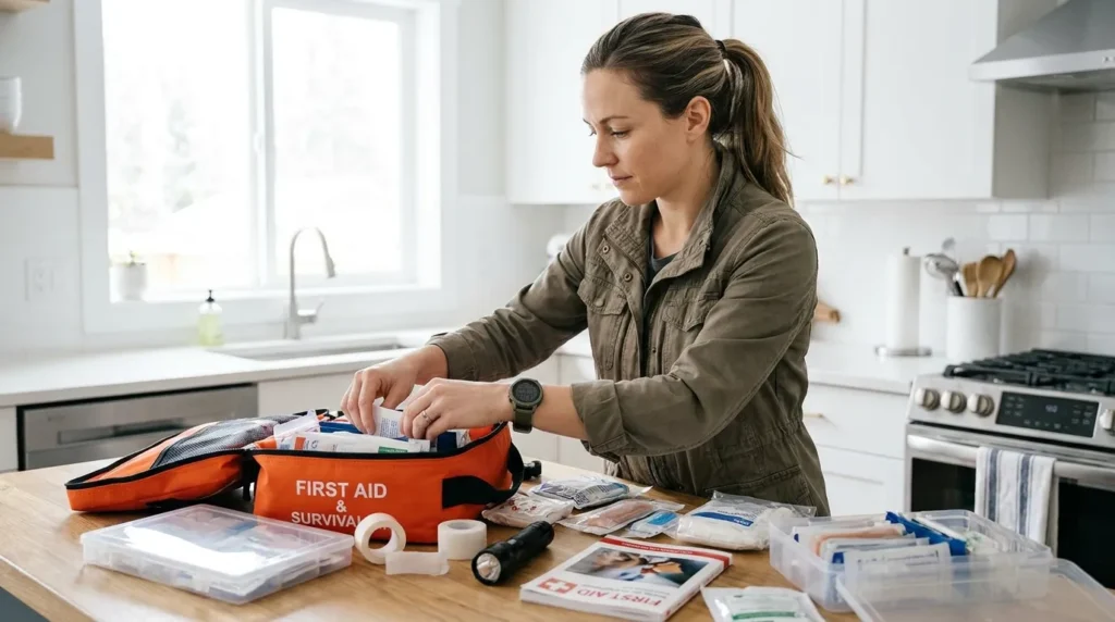 A focused European woman organizedly preparing her medical kit as part of her journey to master essential first aid skills everyone should know.