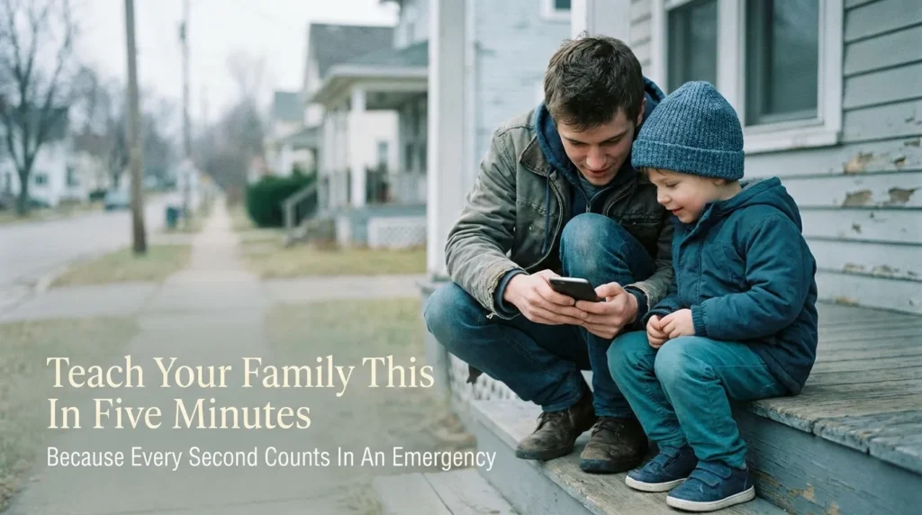 A father showing his son how to set up emergency contacts on a phone, part of a simple family safety habit.