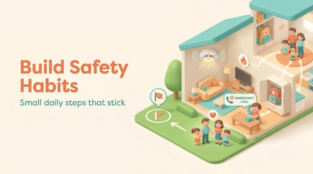 3D isometric illustration of a family home showing daily emergency preparedness habits for kids