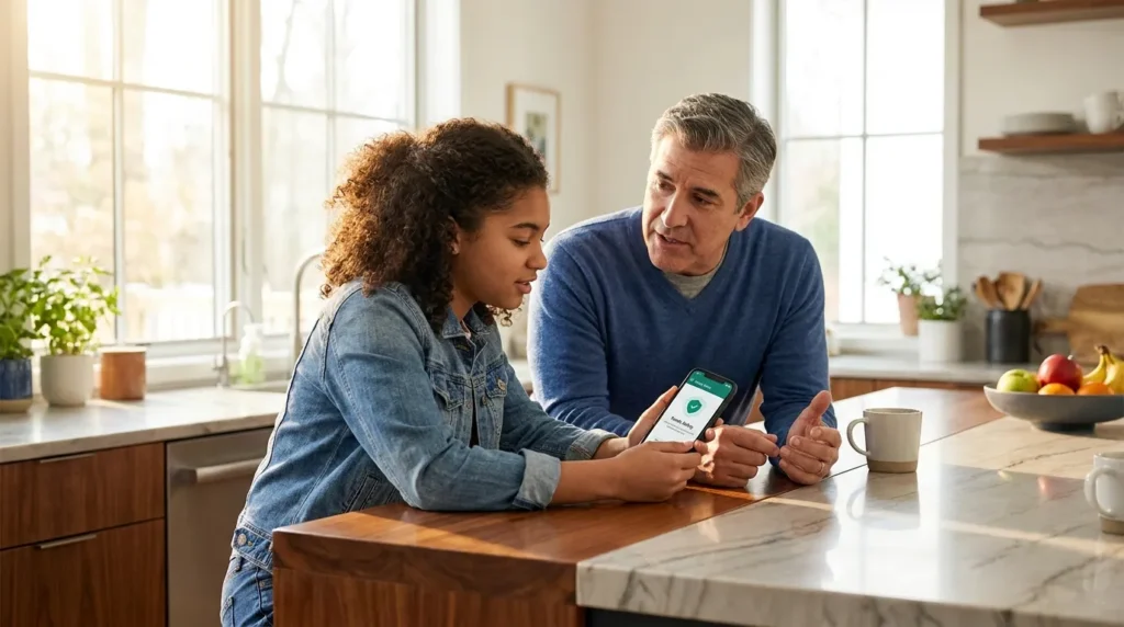 A father and daughter using a smartphone to discuss a practical framework and personal safety tips for teenagers.