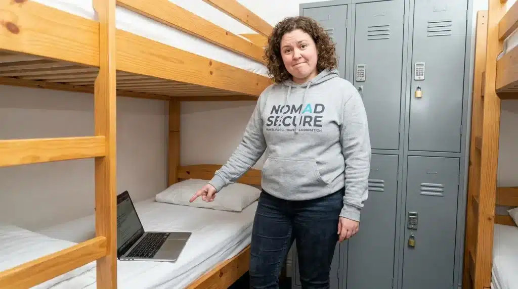 A female digital nomad pointing out common security mistakes like leaving a laptop unattended on a hostel bed.