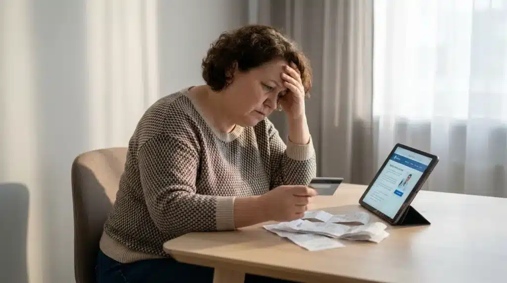 A woman reviewing medical bills and insurance papers to avoid common mistakes during a medical emergency abroad.