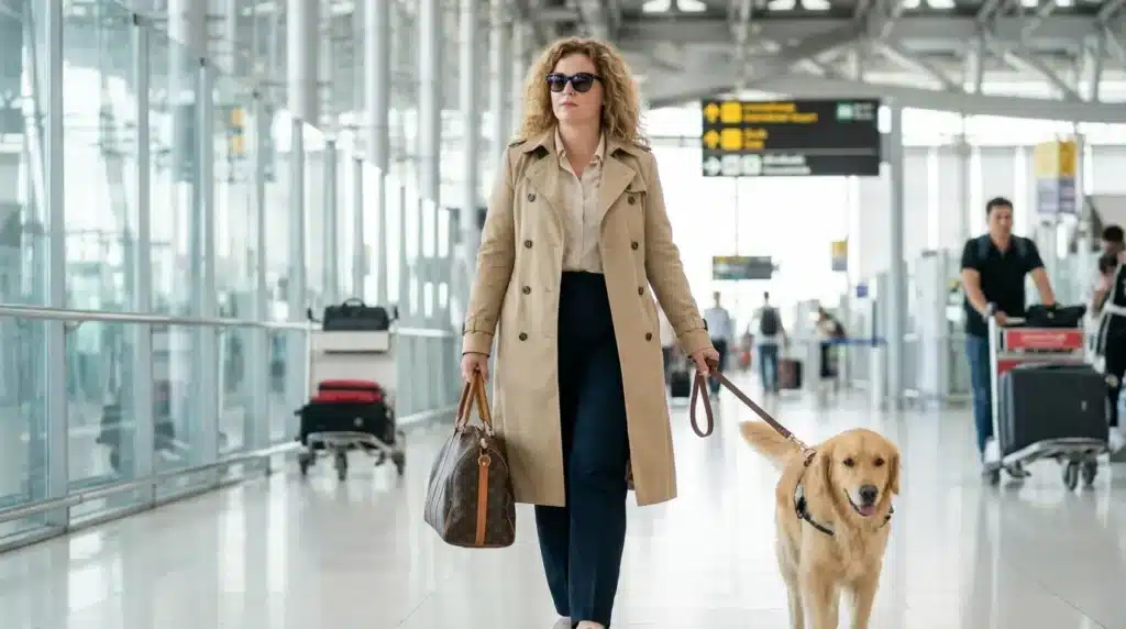 A professional woman traveling through a modern airport terminal with her pet, demonstrating a personal safety guide for global travel security.
