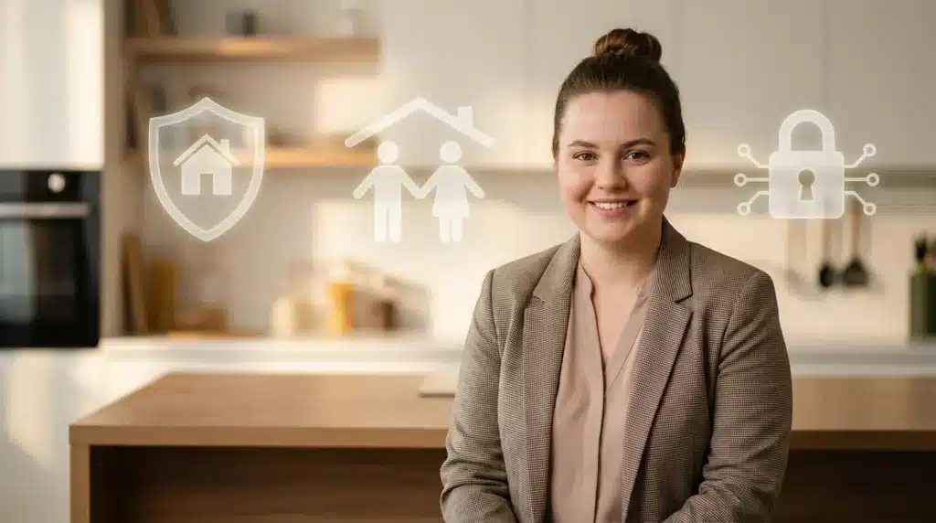 A professional European childcare provider sitting in a home setting representing family security and trust.