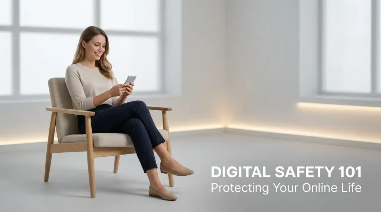 A young European woman using her smartphone safely in a minimalist office, representing the ultimate digital safety guide for protecting online privacy.
