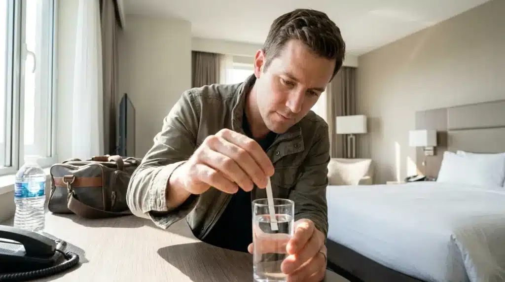 An American traveler using a portable water testing kit to check the quality of tap water in a foreign hotel room.