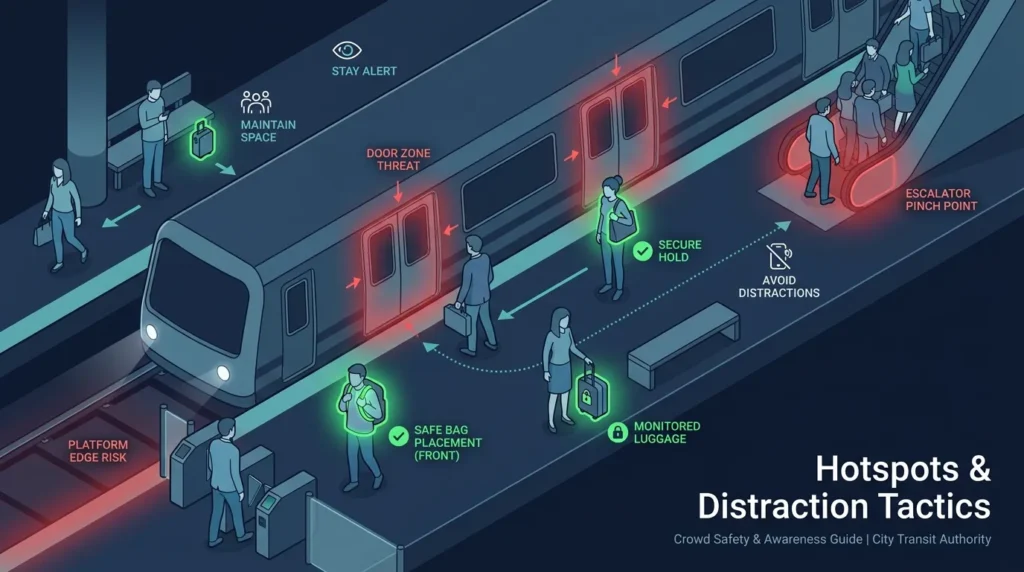 An infographic illustrating common pickpocket hotspots like train doors, crowded markets, and tourist landmarks.