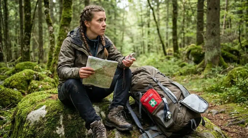 A female hiker checking her map and survival kit in the forest, demonstrating essential hiking safety tips and 10 essentials for beginners.