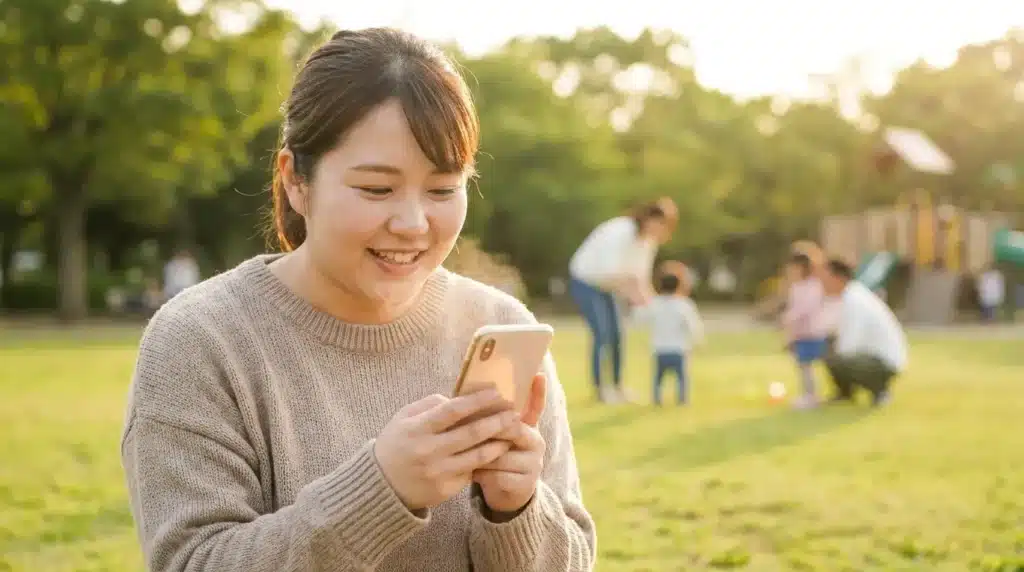 A happy woman looking at her phone with a sense of relief after checking her family's safety status.