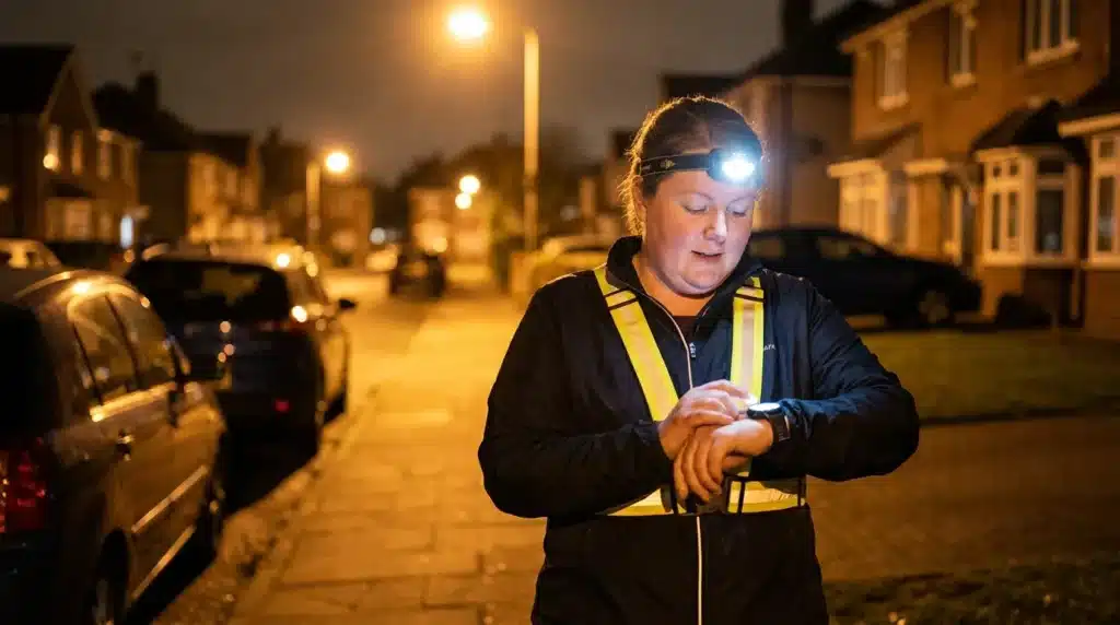 A female runner with a fair round face using a smartwatch for safety tracking at night.