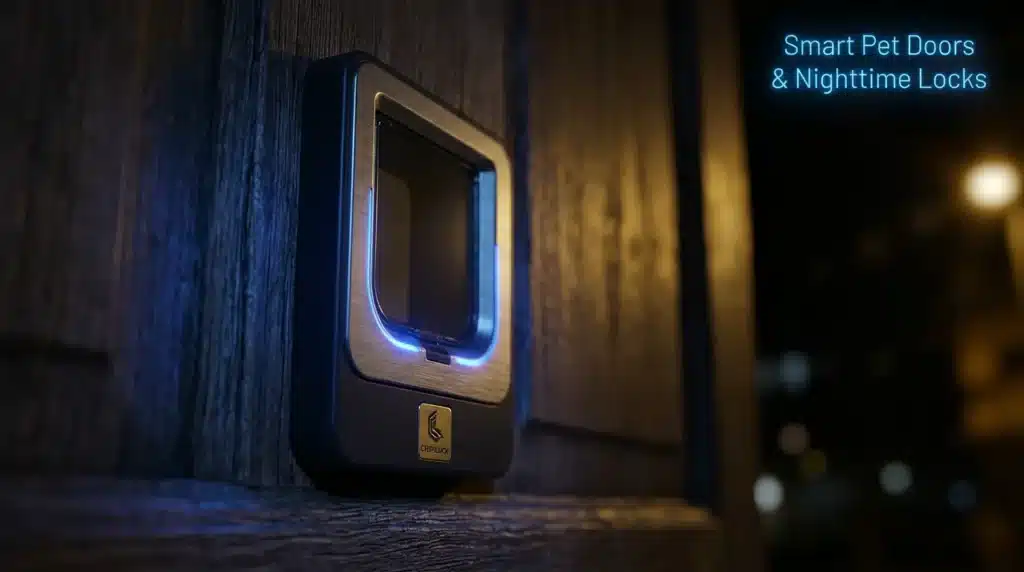 Secure microchip RFID cat flap preventing security risks on exterior doors at night