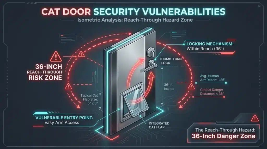 Infographic explaining if cat flaps are a security risk using a 36-inch reach-through distance diagram