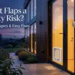 Are cat flaps a security risk showing a modern back door with a pet door and deadbolt lock at dusk