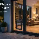 Evaluating a modern rear patio door with a flap to determine if dog flaps are a security risk for break-ins.