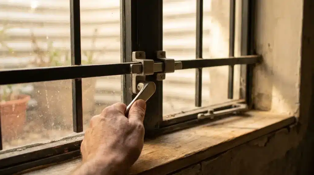 Close-up shot of an indoor quick-release latch on security bars for safe basement window security and emergency egress.