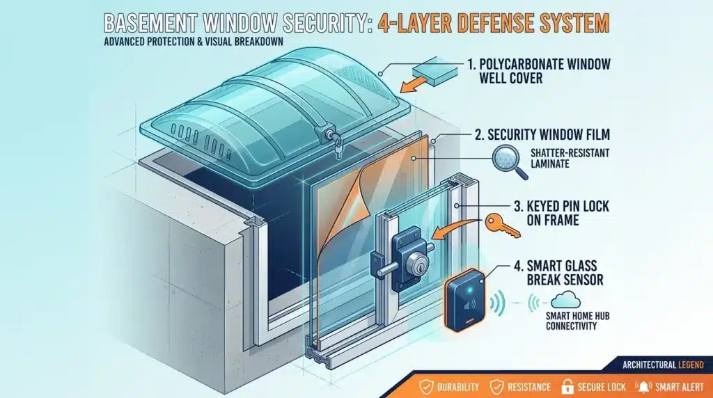3D isometric infographic illustrating four layers of basement window security including well covers, locks, film, and sensors.