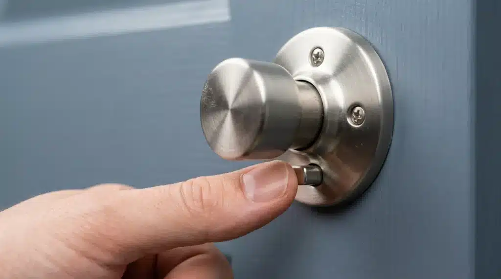 Close-up of a standard bedroom privacy lock knob, the weak point most people overlook when securing a bedroom door