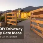 A modern wooden DIY driveway security gate installed in front of a suburban home to keep intruders out.
