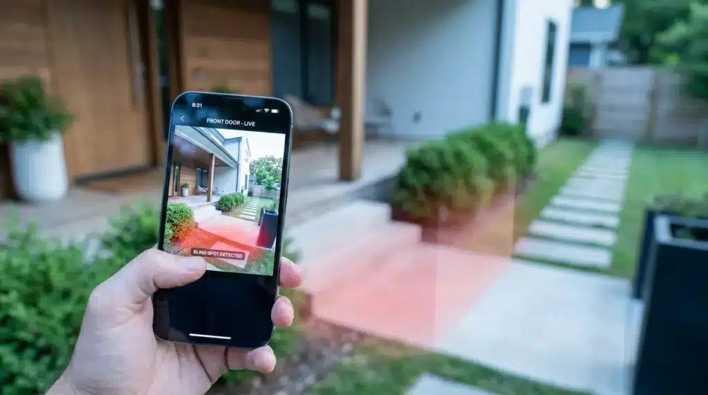 A person holding a smartphone to check the live feed and field of view, identifying doorbell camera blind spots on a front porch.