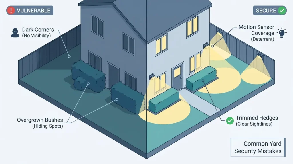 An infographic showing common backyard security mistakes like overgrown hedges when learning how to burglar proof your yard.