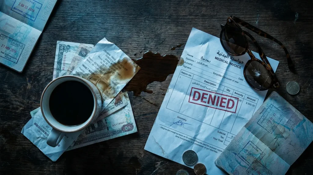 A moody top-down view of scattered travel receipts, an unpaid medical bill with a denied stamp, and broken sunglasses on a dark wooden table.