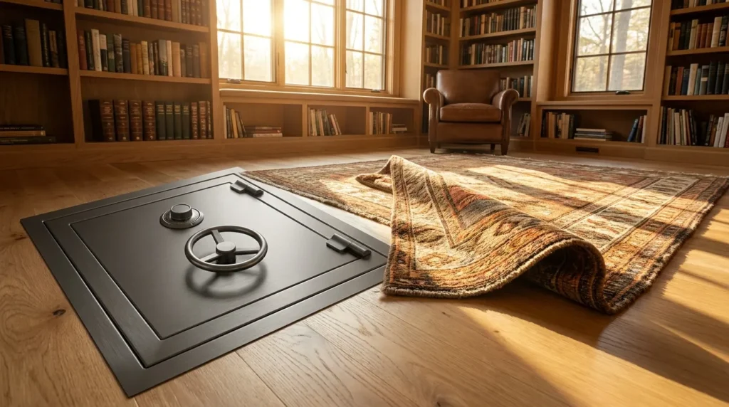 A heavy duty steel floor safe embedded into wooden flooring under a rug as one of the most creative places to hide a safe in your house.