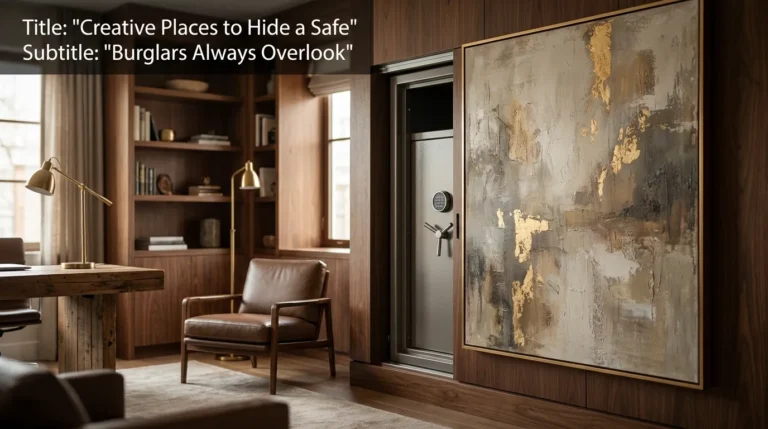 A modern hidden wall safe concealed behind a sliding art painting showing creative places to hide a safe in your house.
