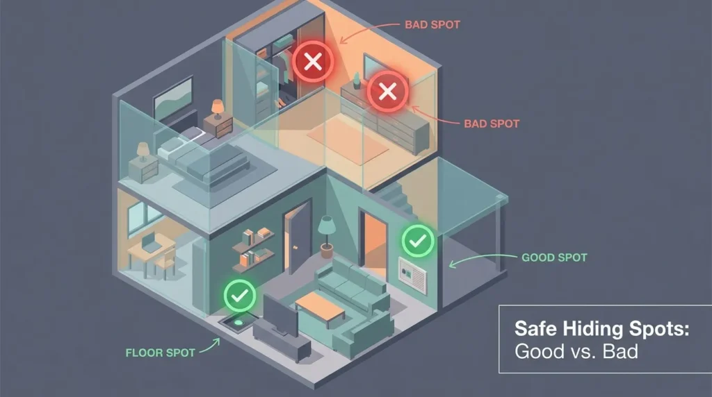 An isometric 3D infographic comparing predictable closet locations with creative places to hide a safe in your house