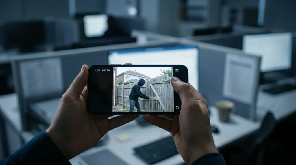 A homeowner at work looking at a smartphone security camera alert showing an intruder at the side gate during the day.