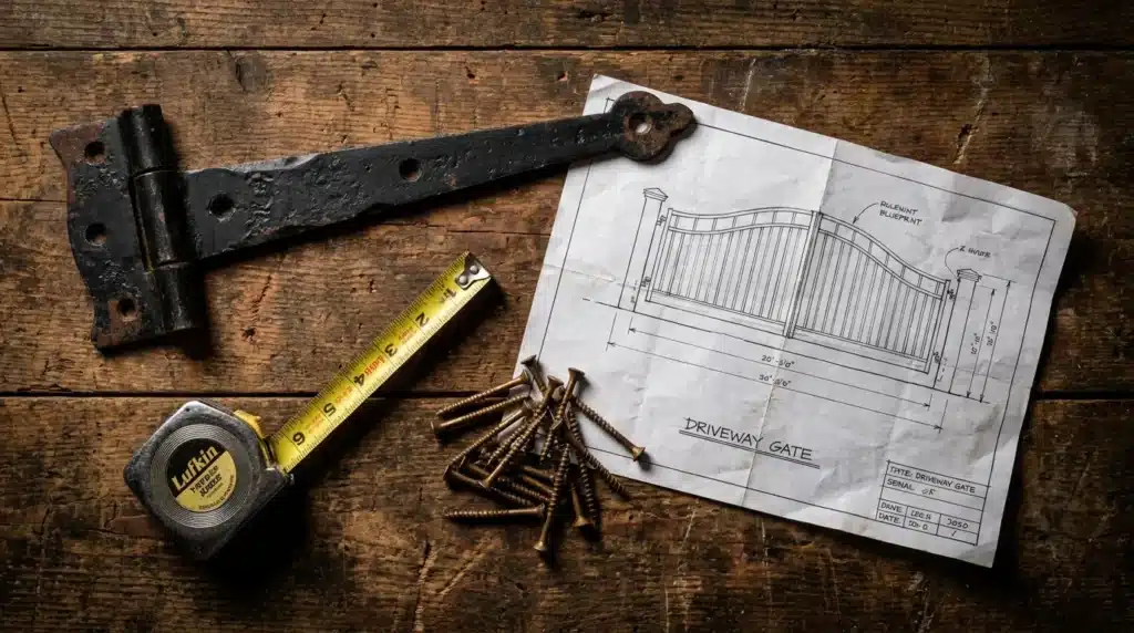 Essential tools and hardware laid out for building a budget-friendly DIY driveway gate.