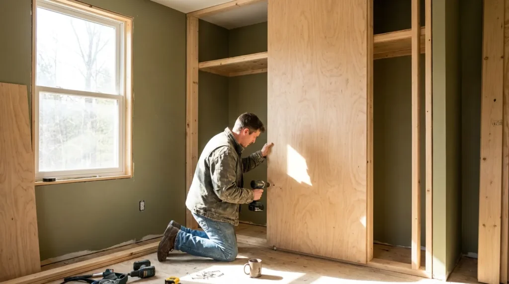 Homeowner installing plywood panels on a closet wall to reinforce a low-budget DIY safe room.