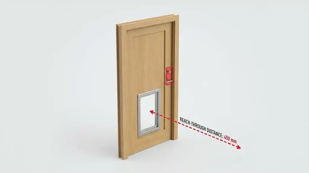 An infographic diagram explaining the reach-through hazard between a dog flap and an interior door lock.